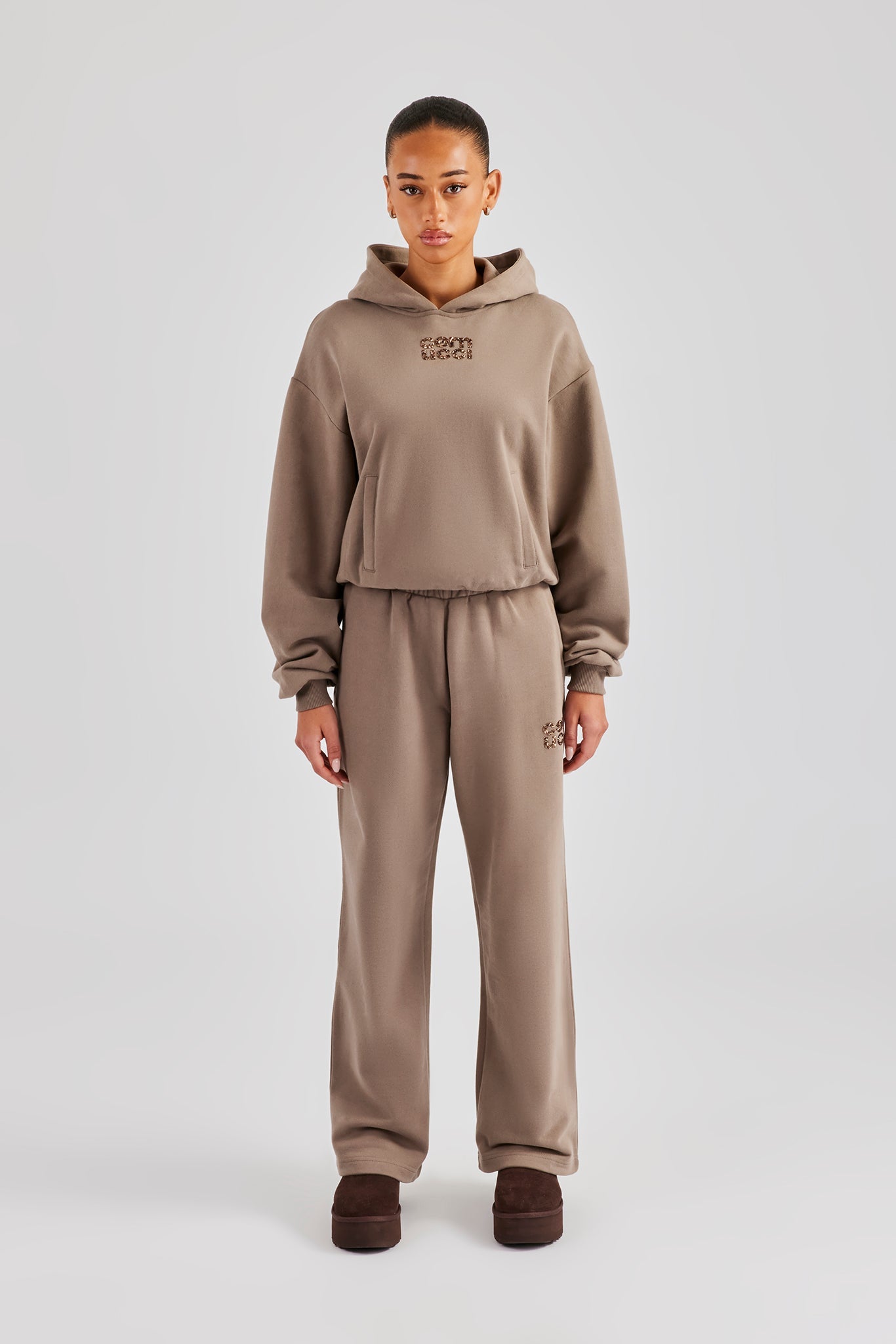 Glitter Applique Boxy Hooded Tracksuit - Taupe